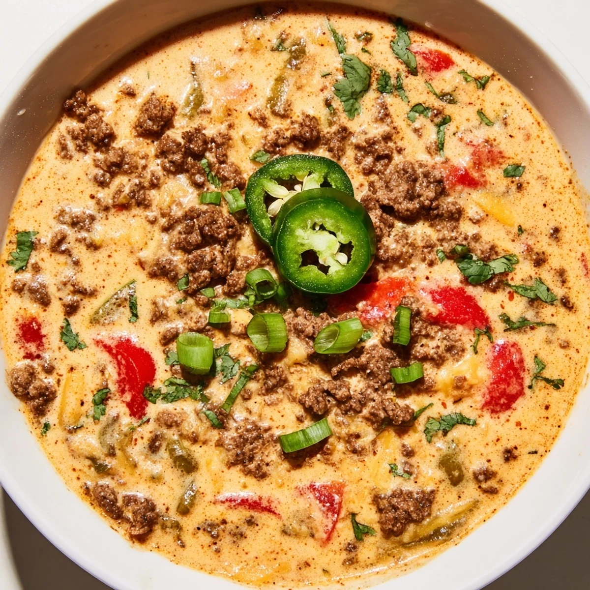 A close-up of creamy, spicy beef queso in a slow cooker, perfect for a game day party snack.