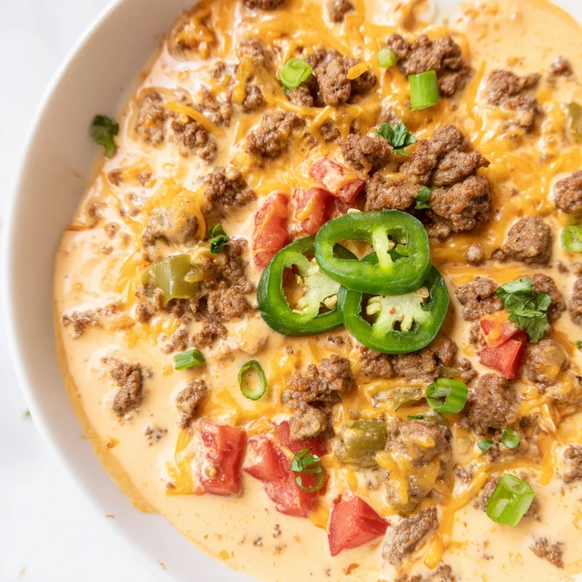 Hearty Big Game Spicy Beef Queso served with a colorful platter of crunchy tortilla chips and fresh garnishes.