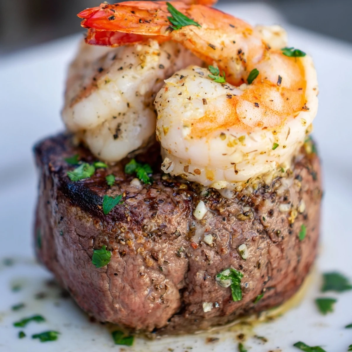 Golden filet mignon steaks seared with garlic butter, topped with sautéed shrimp for a Romantic Surf and Turf dinner.