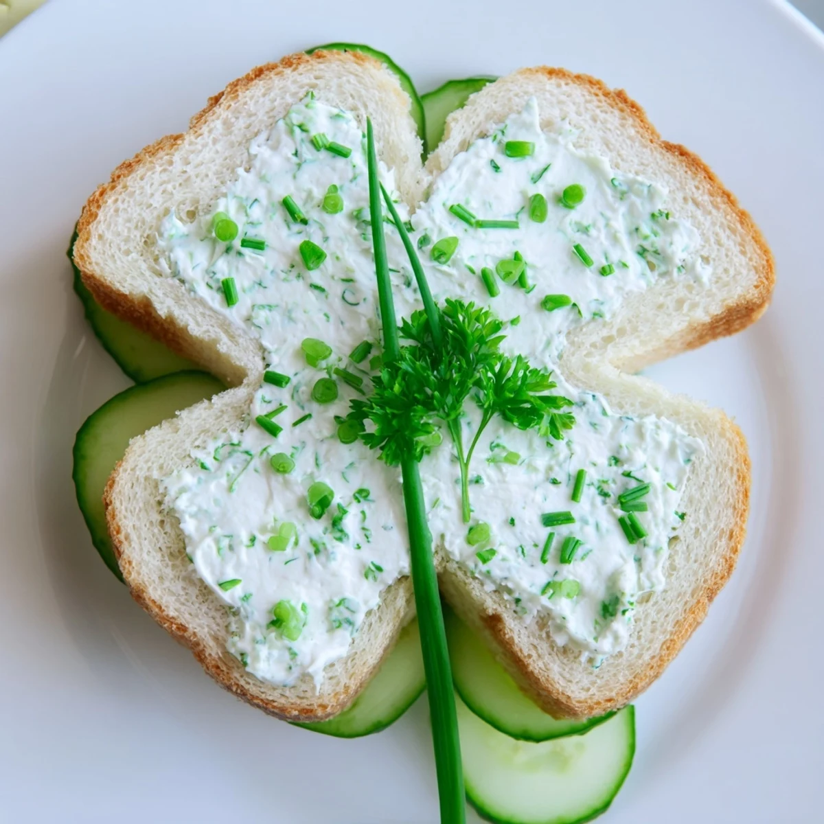 Delicate tea sandwiches cut into festive shamrock shapes, featuring herbed cream cheese and thinly sliced English cucumber, perfect for St. Patrick's Day celebrations.