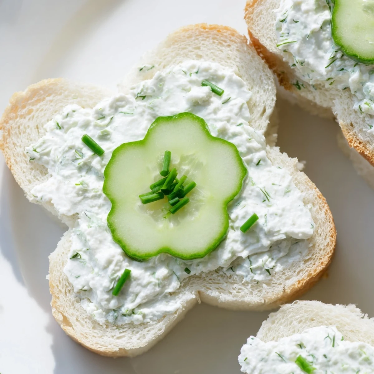 Freshly prepared Shamrock Shaped Cucumber Sandwiches stacked on a white plate, showcasing crisp cucumber slices and green herb flecks in the cream cheese.