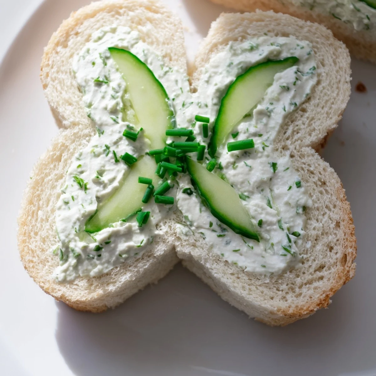 Overhead view of Shamrock Shaped Cucumber Sandwiches arranged on a wooden board, garnished with fresh chives and dill for a vibrant appetizer.