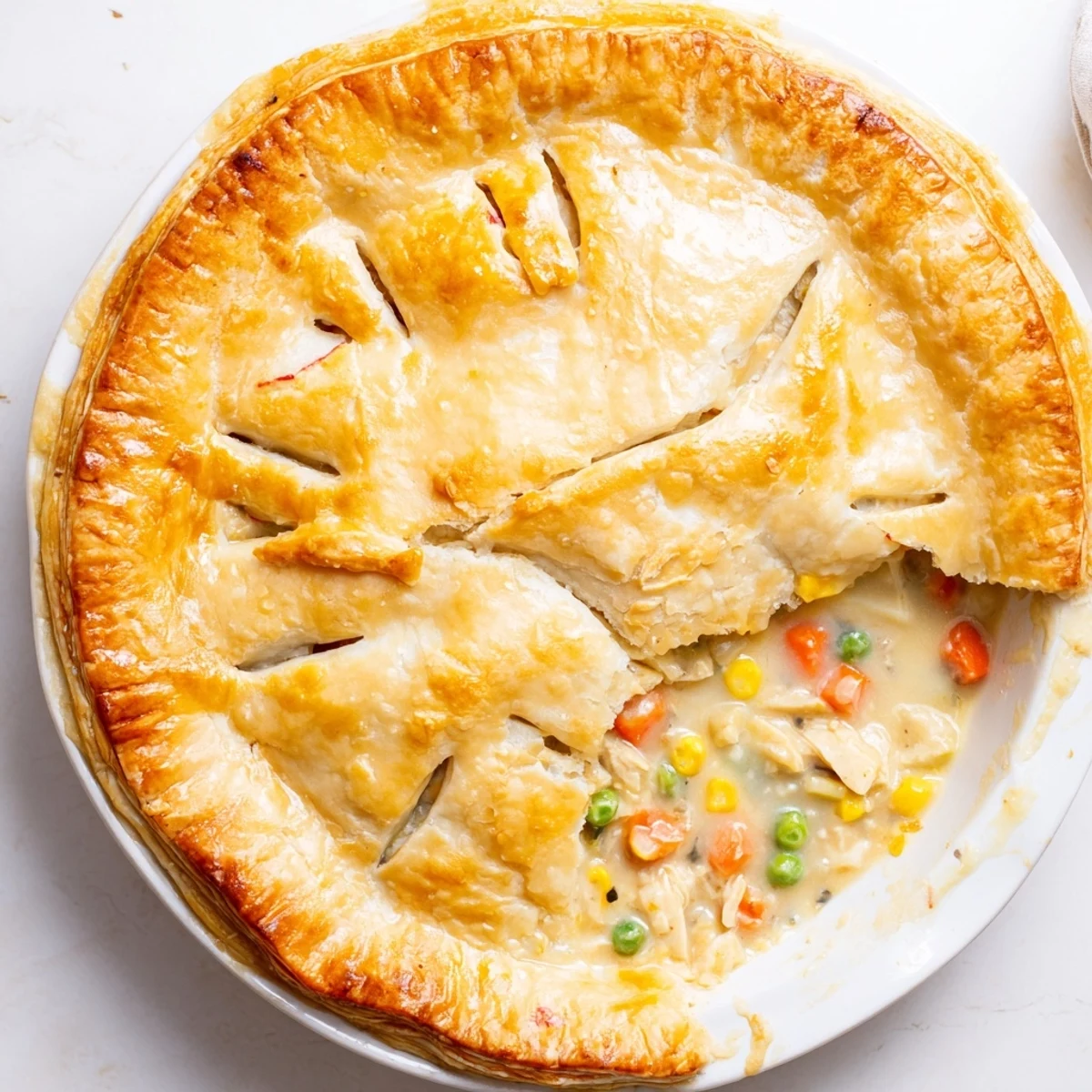 Golden, flaky puff pastry crowns a creamy, bubbling turkey pot pie fresh from a 400°F oven, served in a rustic dish.  