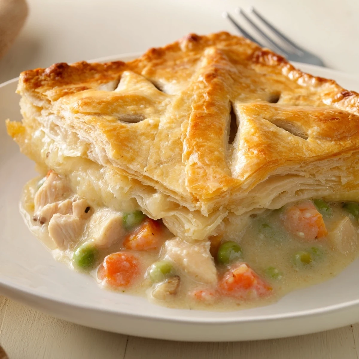 Warm, savory turkey pot pie with puff pastry is sliced open, revealing the comforting filling, ready for a family dinner.