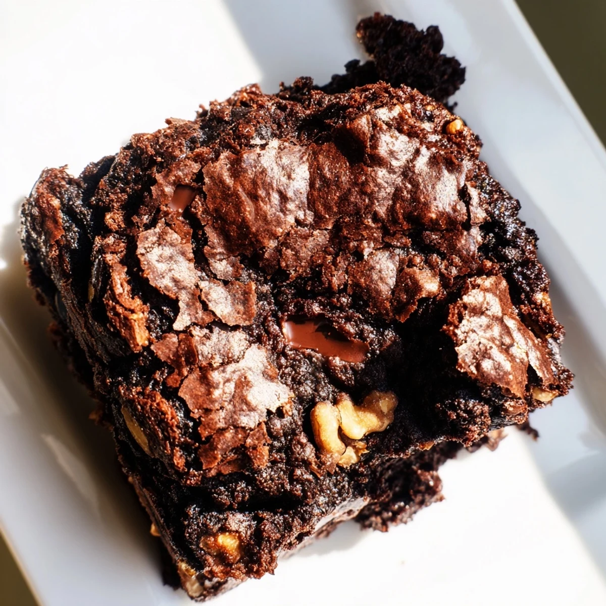 Warmly lit square of Chocolate Fudge Brownies with Walnuts, showcasing a rich, glossy top and a moist crumb interior.