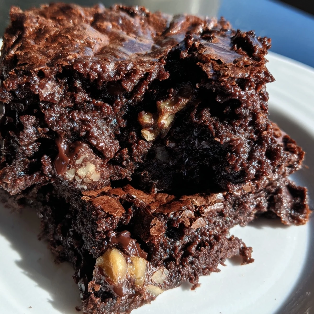 Close-up view of a dense Chocolate Fudge Brownie wedge, highlighting its gooey center and the texture of chopped walnuts.