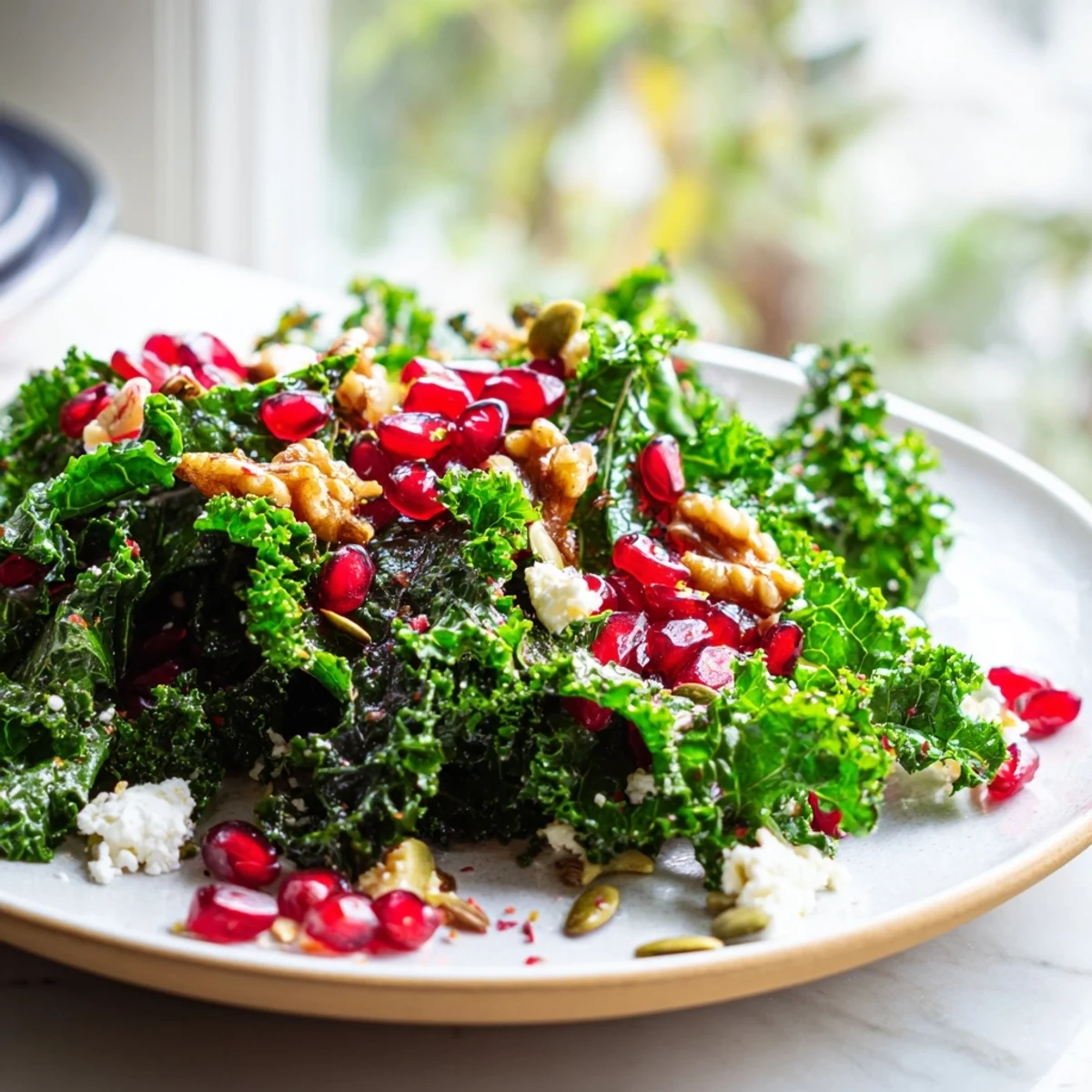 Freshly massaged kale is tossed with jewel-like pomegranate seeds, crisp apple slices, and toasted walnuts for a vibrant winter salad.  