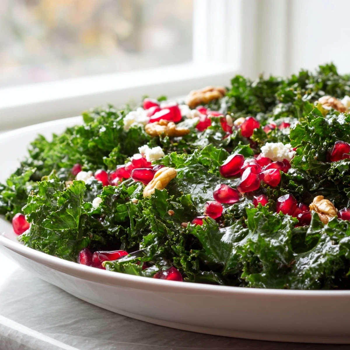 This hearty Winter Kale Salad features juicy pomegranate seeds, crunchy pecans, and a bright orange juice dressing, served on a rustic platter.