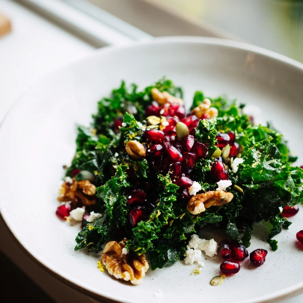 A close-up of the Winter Kale Salad shows tangy citrus dressing drizzled over greens, topped with crumbled feta and pumpkin seeds.  