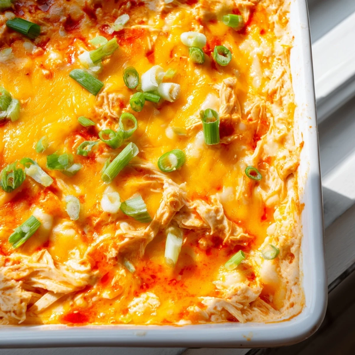 Sizzling spicy Buffalo chicken dip with shredded chicken, cheddar, and mozzarella, bubbling beside celery sticks and tortilla chips.