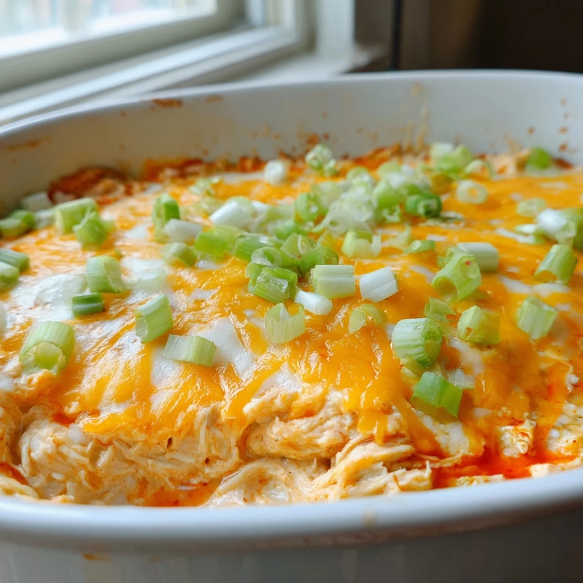 A bubbling 8-inch dish of spicy Buffalo chicken dip fresh from the oven, garnished with green onions.