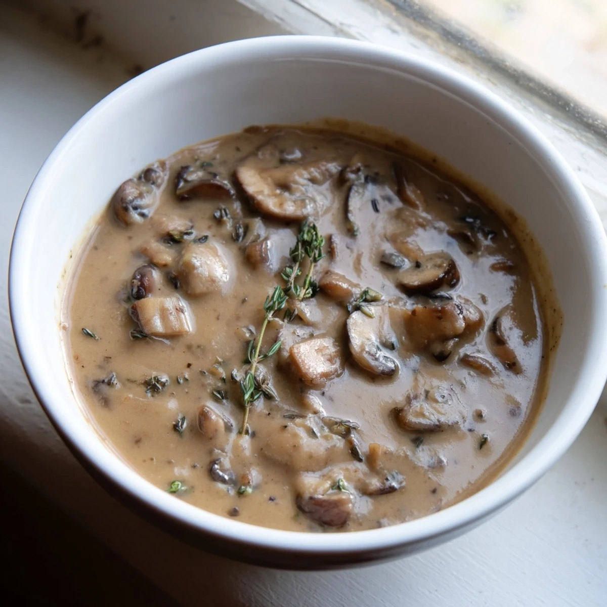 Creamy Mushroom Soup with Thyme served in a rustic bowl, topped with fresh parsley and a drizzle of truffle oil.  