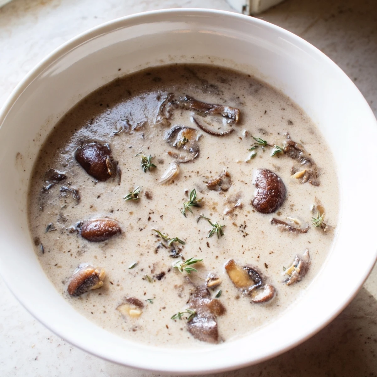 A steaming pot of Creamy Mushroom Soup with Thyme, garnished with fresh thyme sprigs and cracked black pepper.  