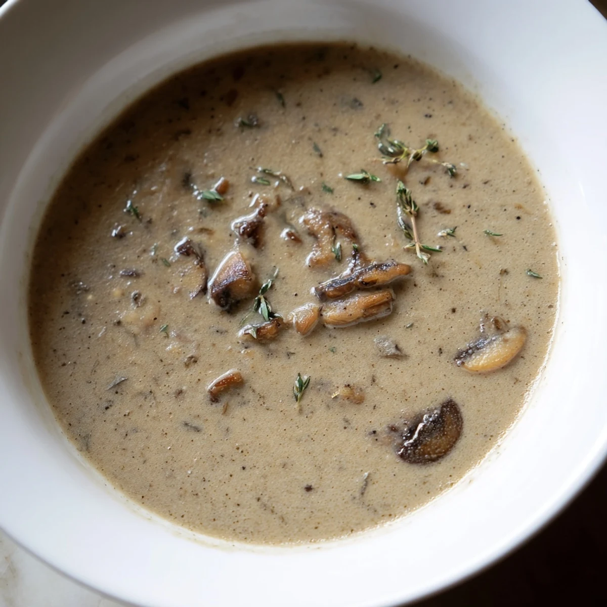 Velvety Creamy Mushroom Soup with Thyme in a white ceramic bowl, perfect with crusty bread for dipping.
