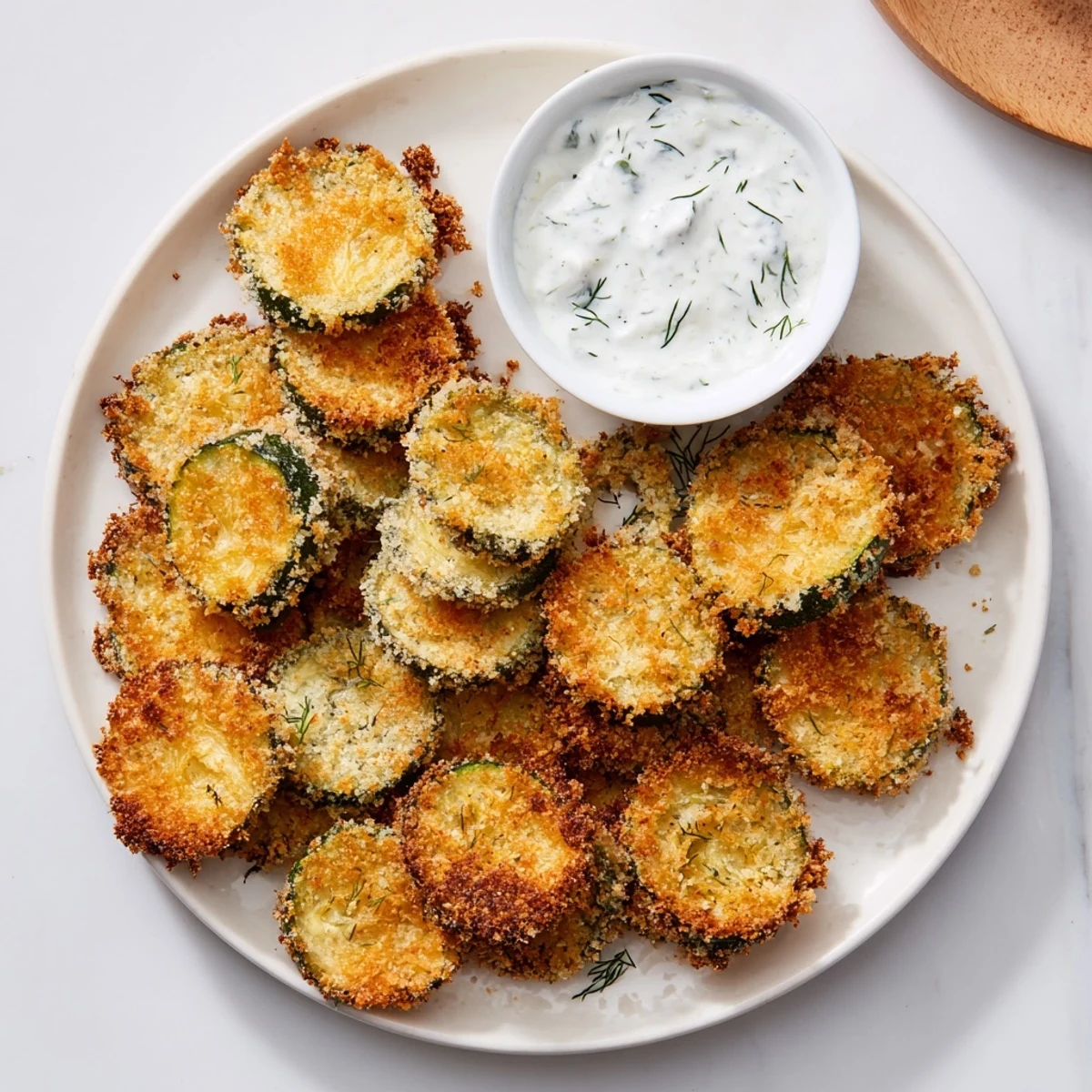 Golden, crispy air fryer zucchini chips piled high next to a creamy bowl of homemade ranch dip.
