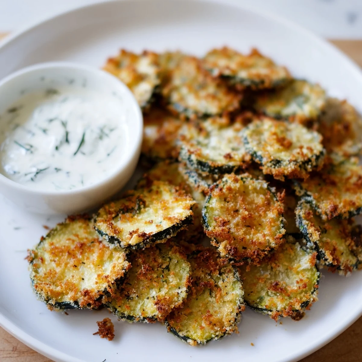 A close-up of crunchy, panko-crusted zucchini chips served warm for dipping into tangy ranch.
