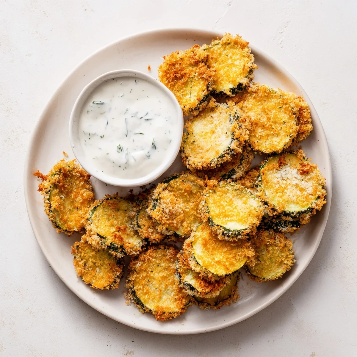 Stacks of golden zucchini chips garnished with fresh dill, ready to be dipped in ranch.