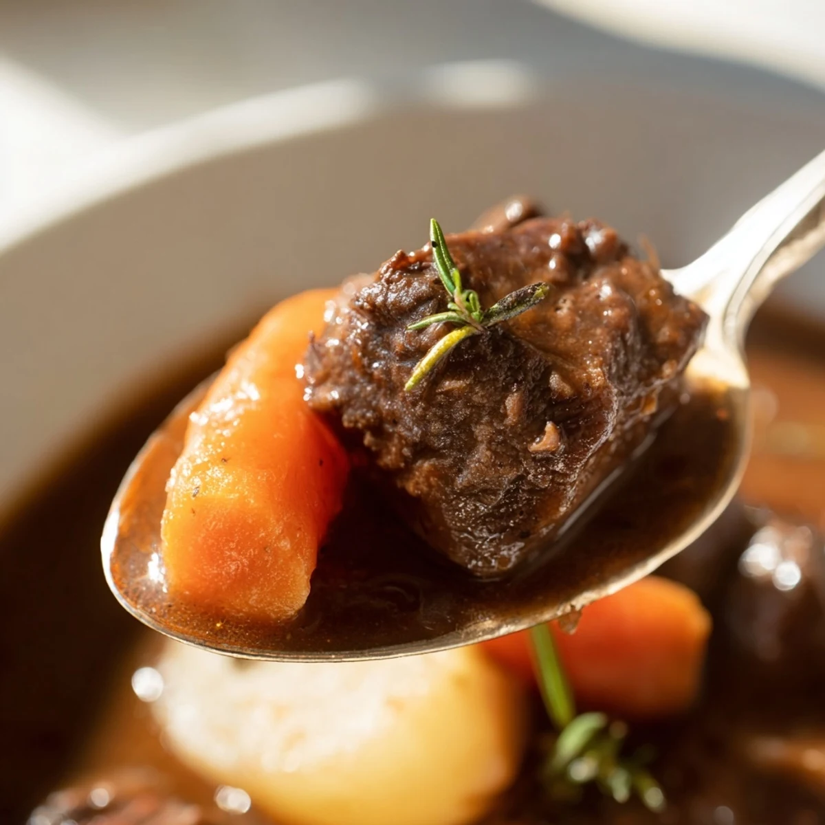 Hearty beef stew with tender carrots and potatoes simmering in a rich, dark broth inside a slow cooker.
