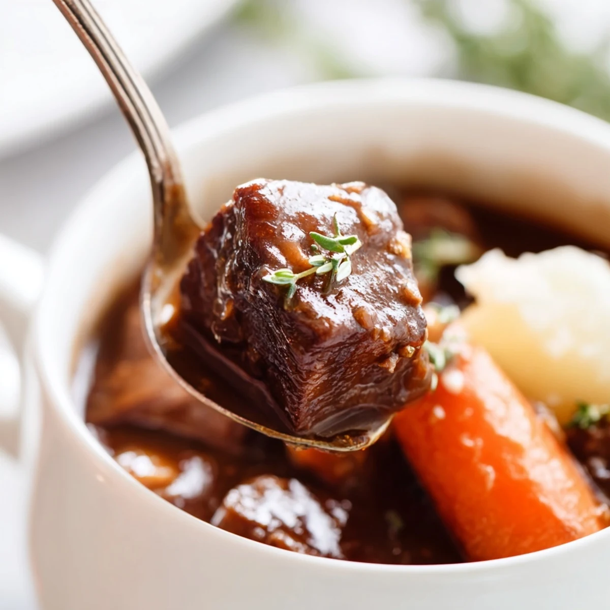 Serving suggestion for slow cooker beef stew with carrots and potatoes, alongside a slice of crusty bread.
