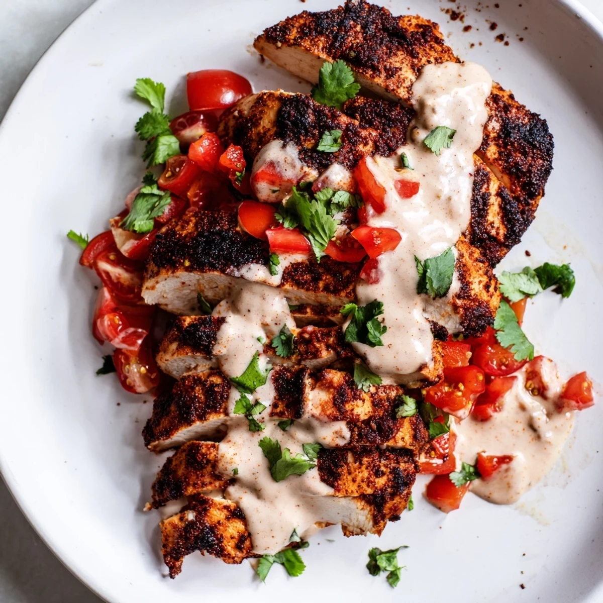 Freshly grilled chicken rests atop a colorful bowl of Southwest Chicken Salad with Chipotle Dressing, garnished with cherry tomatoes, red onion, and cilantro.