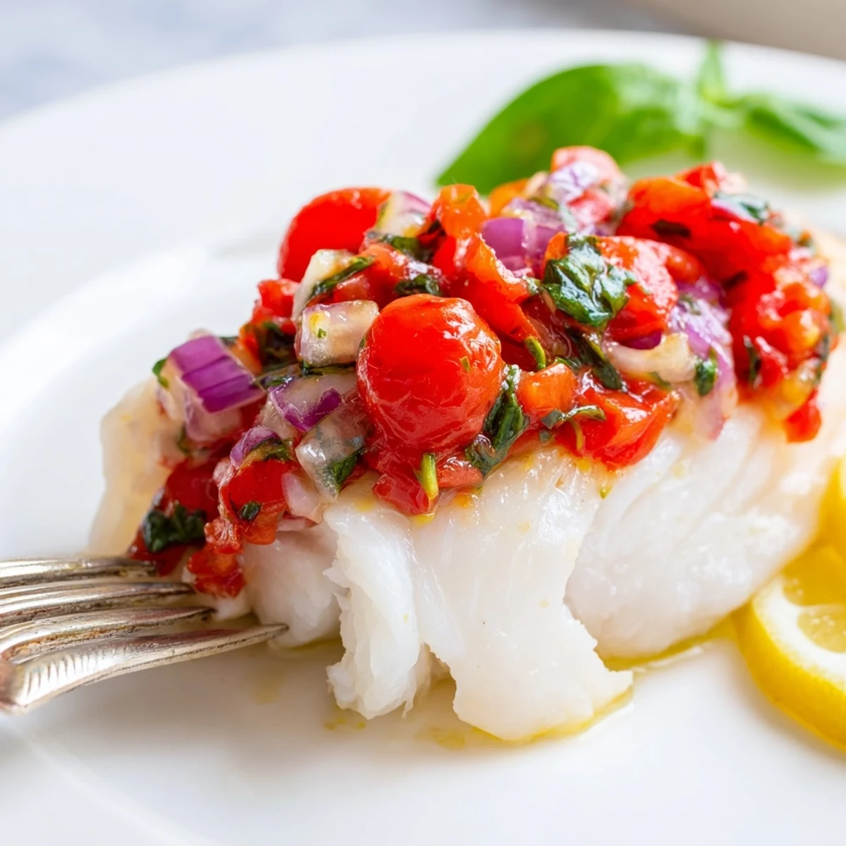 Golden-brown baked halibut fillets topped with a vibrant cherry tomato and basil relish, served on a white plate.