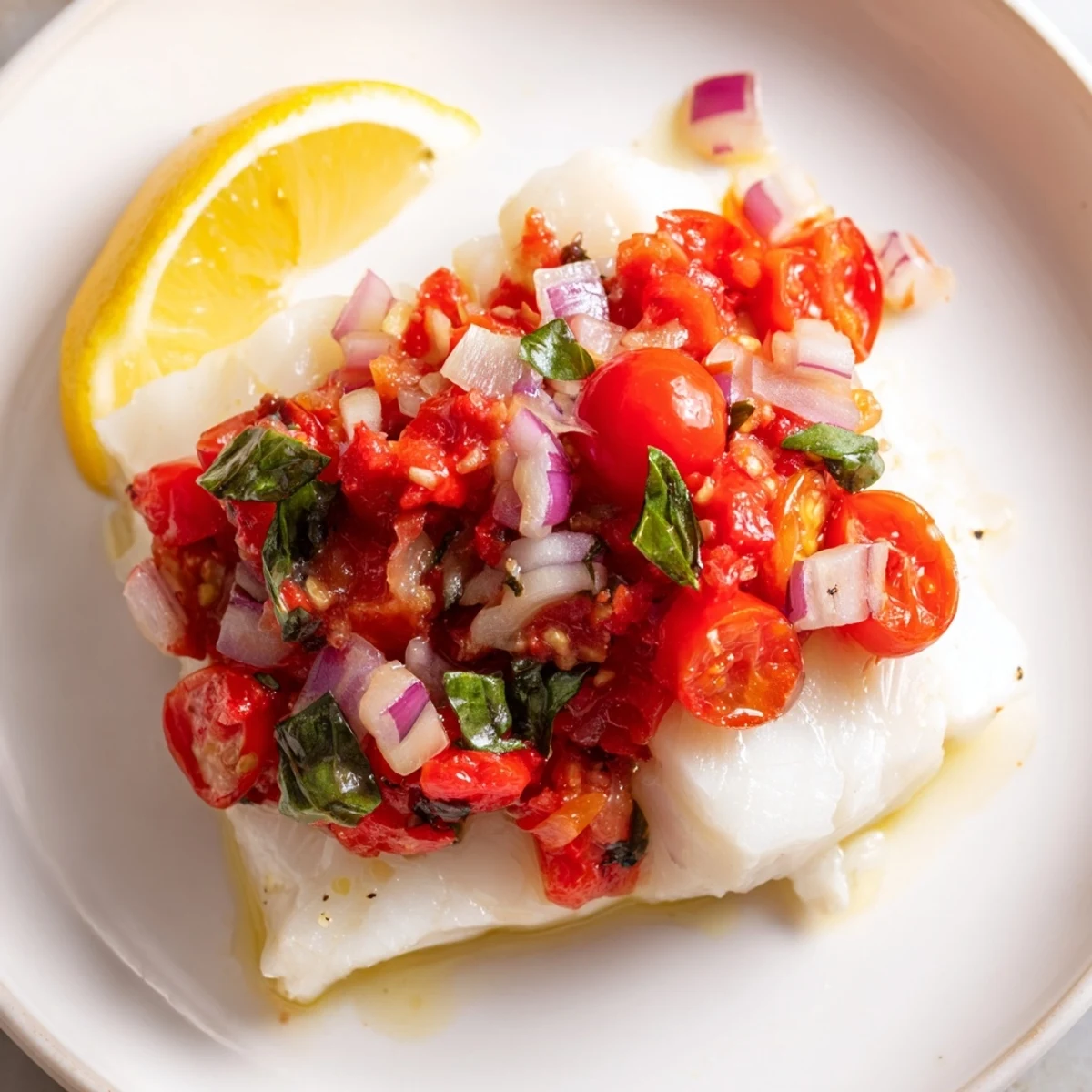 A close-up view of tender flaky halibut adorned with juicy tomato chunks and fresh basil leaves.