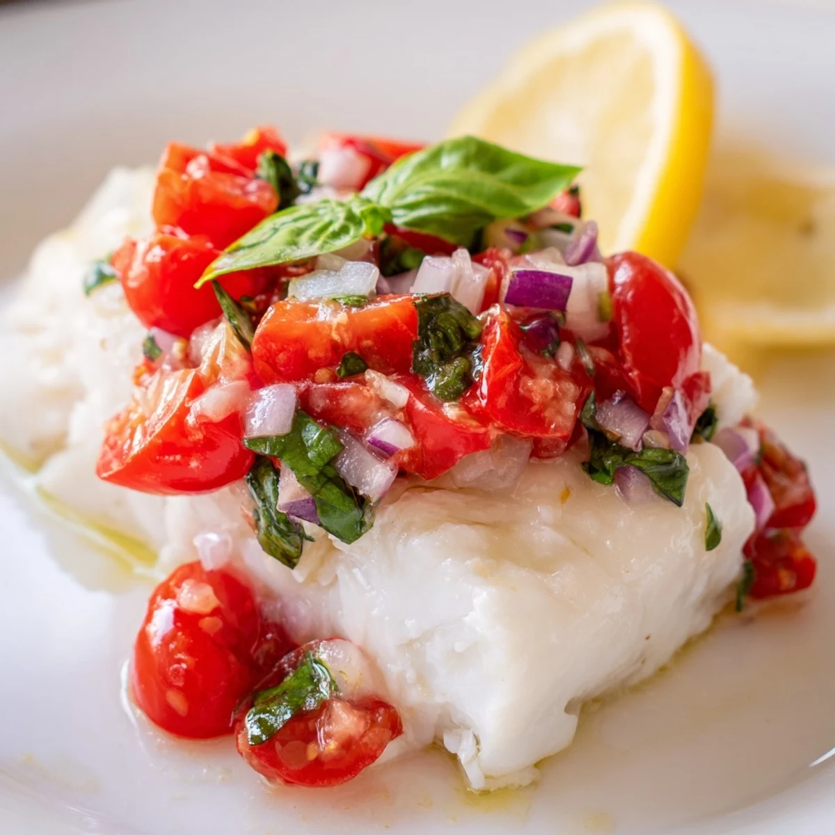 Baked Halibut with Tomato and Basil Relish garnished with lemon slices, ready to serve for dinner.
