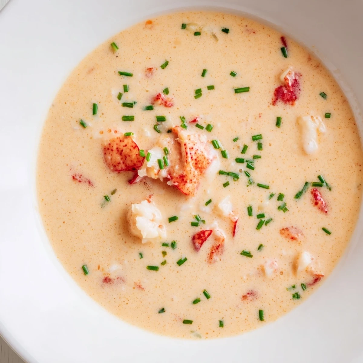 Velvety Romantic Lobster Bisque with Sherry Vinegar swirls in a white bowl, garnished with fresh chives and a delicate cream drizzle.
