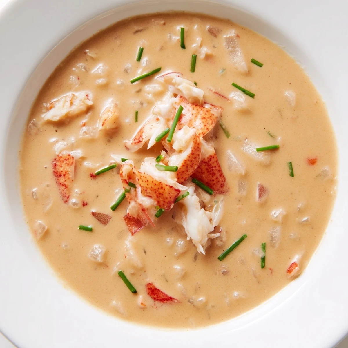Steaming Romantic Lobster Bisque with Sherry Vinegar pairs with crusty French bread, showcasing rich, creamy broth and tender lobster chunks.