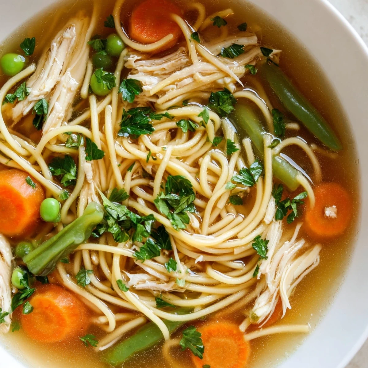 Close-up of steaming chicken vegetable soup with noodles, featuring tender shredded chicken, bright carrots, celery, and peas in a clear broth.  
