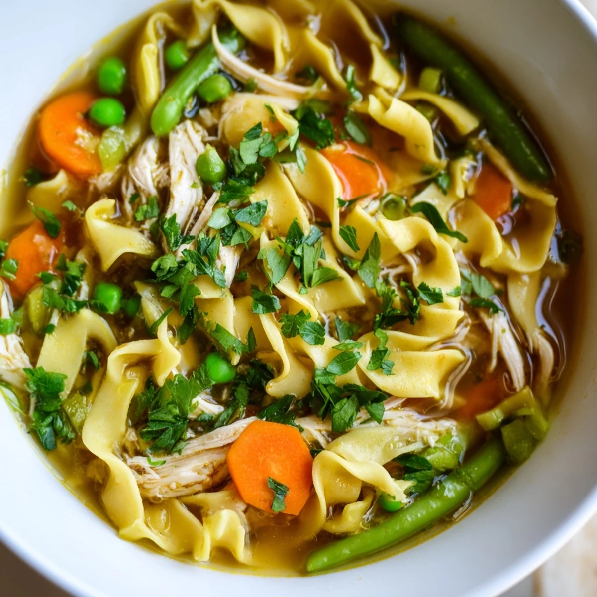 Warm, nourishing chicken vegetable soup with noodles, showcasing soft egg noodles, green beans, and colorful veggies in a savory, aromatic broth.