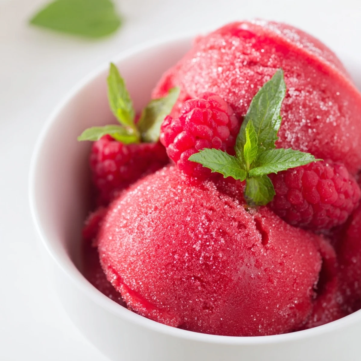 Frozen scoop of Valentine Raspberry Sorbet in a glass bowl, showing vibrant red color and glossy texture, topped with fresh raspberries and mint.