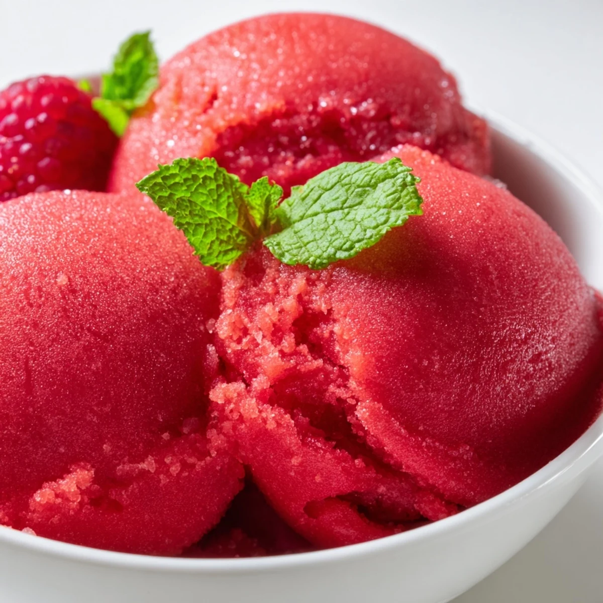 Smooth, seedless Valentine Raspberry Sorbet is served in a clear bowl, reflecting light with a glossy finish and fresh berry topping.