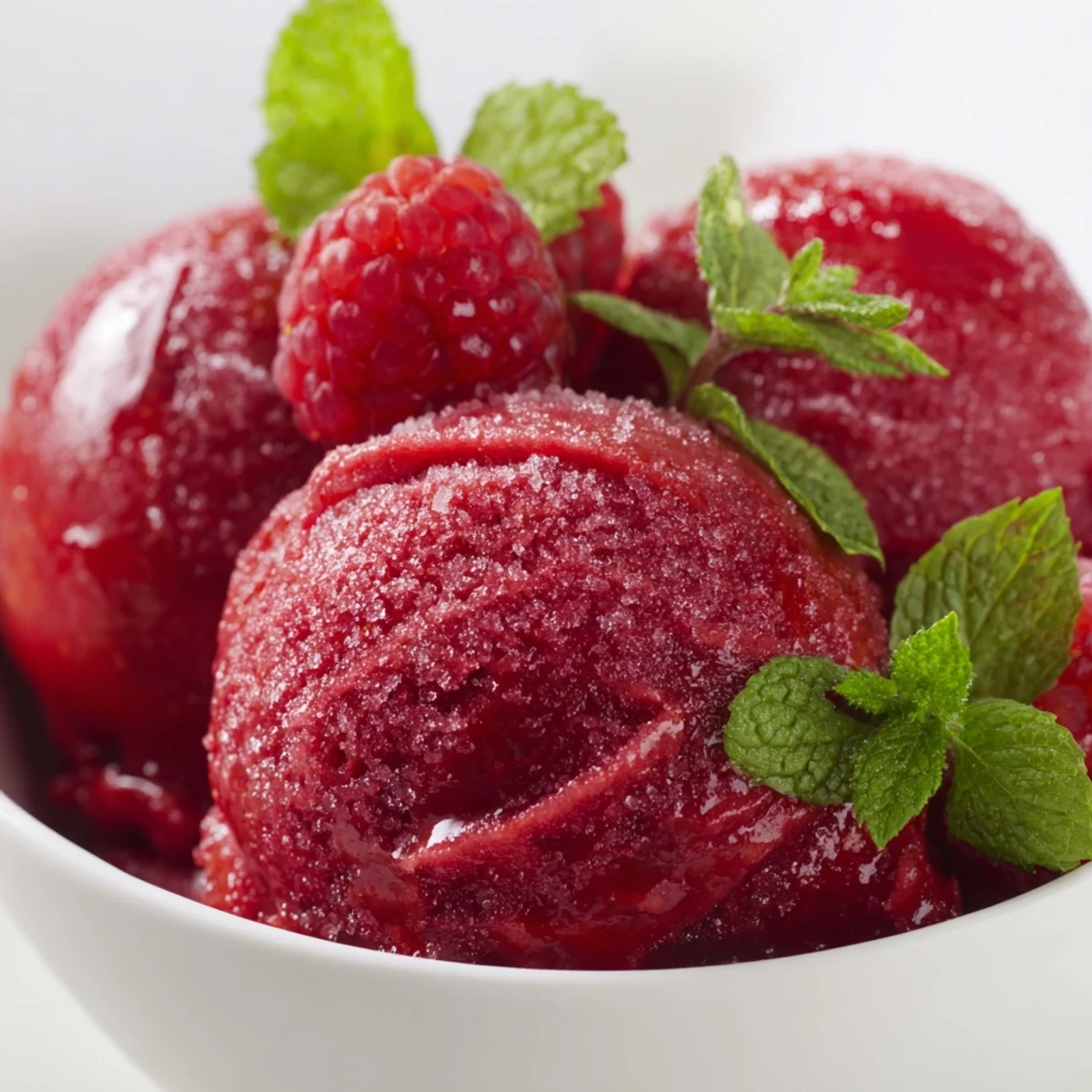 Valentine Raspberry Sorbet glistens with ruby-red hue in a chilled glass, garnished with ripe berries and a mint sprig for freshness.