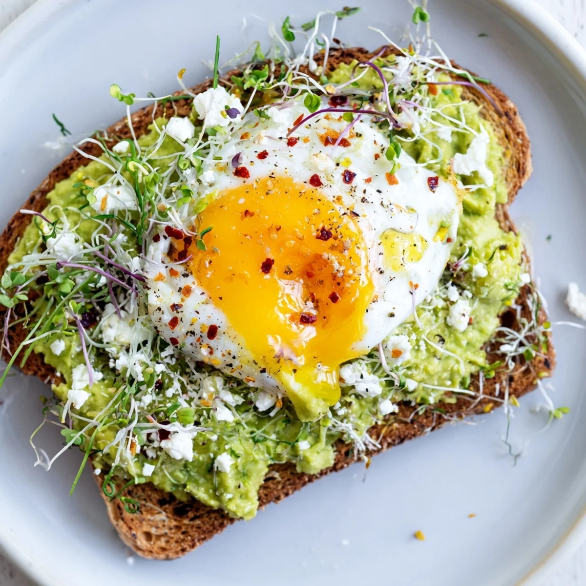 Ripe avocado mash, a sunny-side-up egg, and microgreens crown this crunchy Green Avocado Toast with Egg for a wholesome breakfast.  