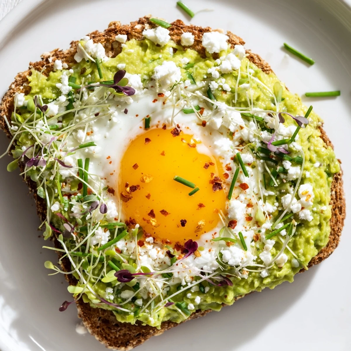 A close-up of vibrant green avocado toast topped with a perfectly poached egg, fresh chives, and a sprinkle of feta on whole-grain bread.  