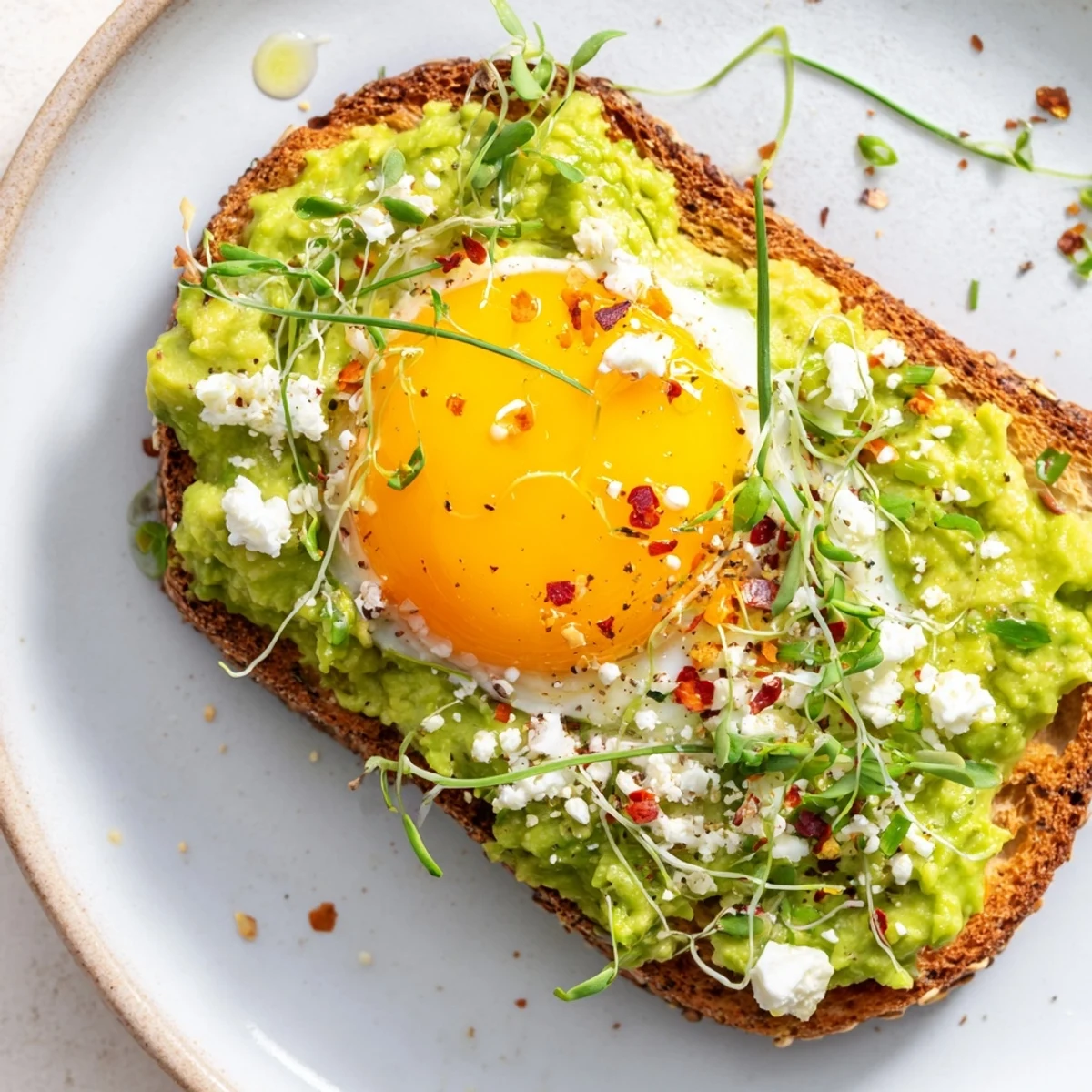 Hearty whole-grain toast holds creamy avocado and a rich egg, drizzled with olive oil and garnished with fresh herbs for a savory bite.