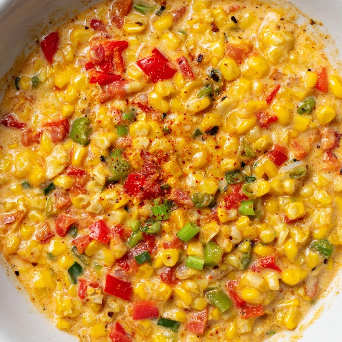 Creole Corn Maque Choux served in a rustic bowl, garnished with green onions and ready for a Southern dinner.