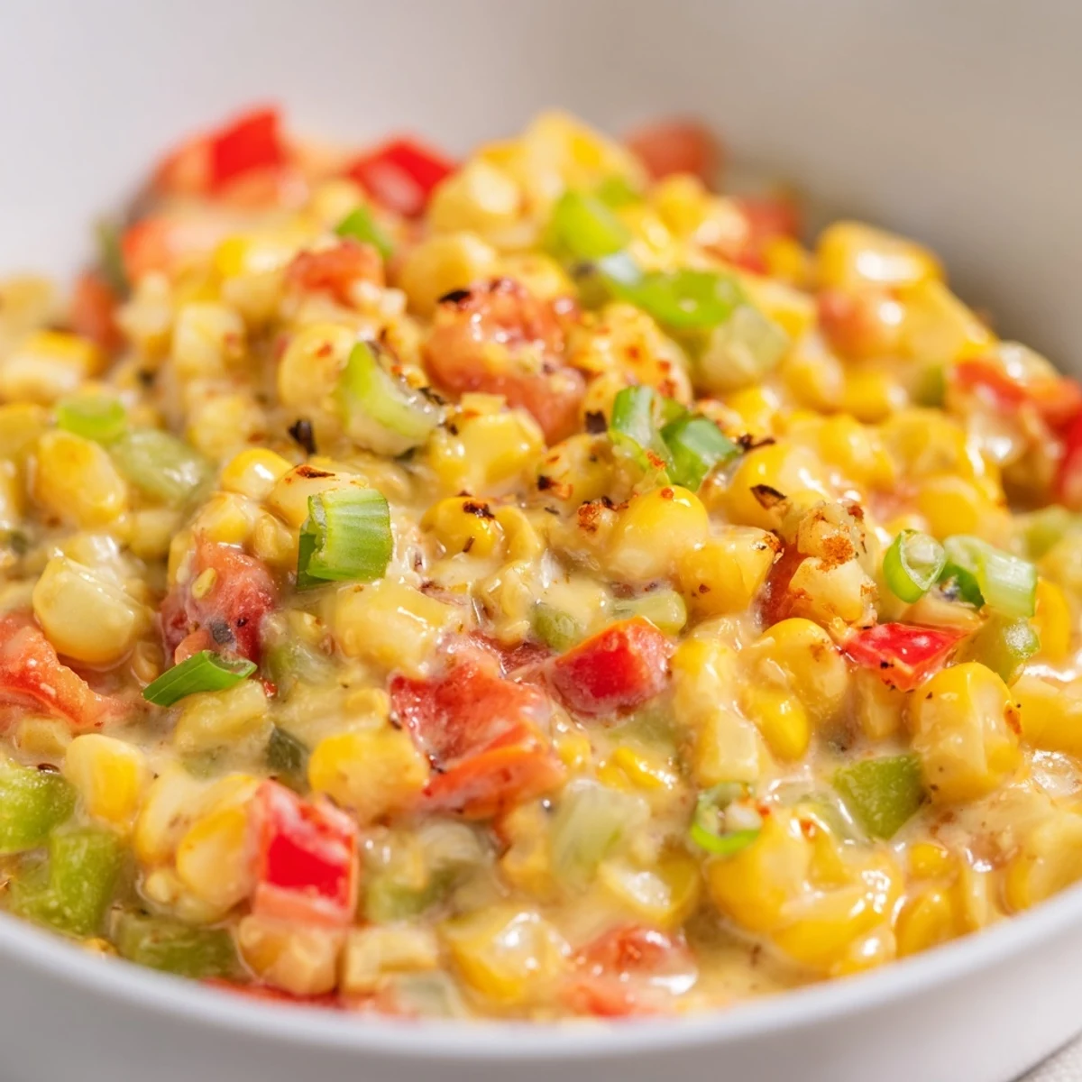 Freshly sautéed Creole Corn Maque Choux simmering in a skillet, filled with colorful corn, peppers, and creamy spices.