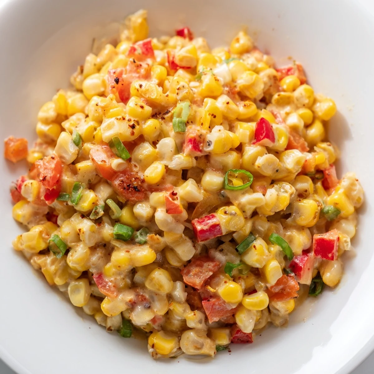 A vibrant skillet of Creole Corn Maque Choux, highlighting sweet corn kernels and tender peppers in a rich sauce.