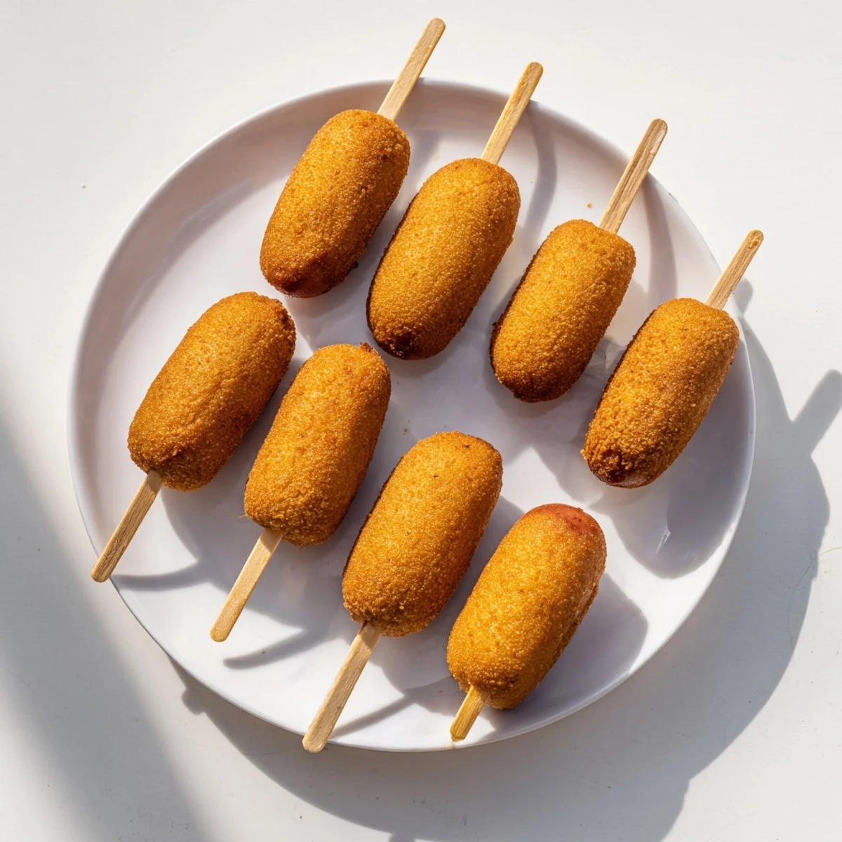 Golden-brown Super Bowl Mini Corn Dogs on sticks, coated in crispy cornmeal batter and served with ketchup on a game day platter.  