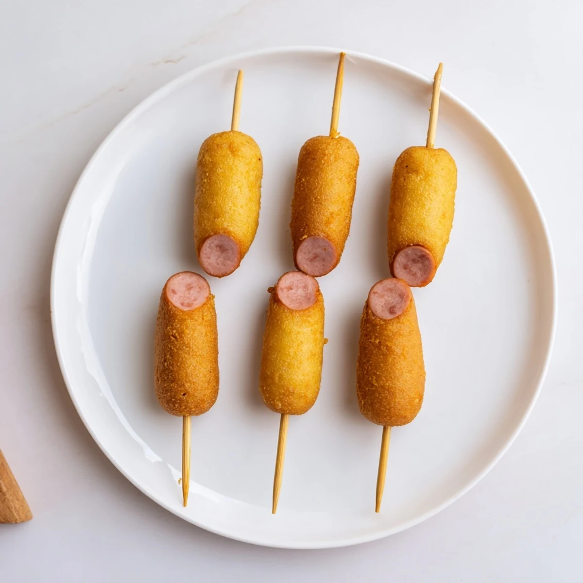 Freshly fried Super Bowl Mini Corn Dogs feature crunchy batter and juicy franks, piled high on a serving tray for snacking.