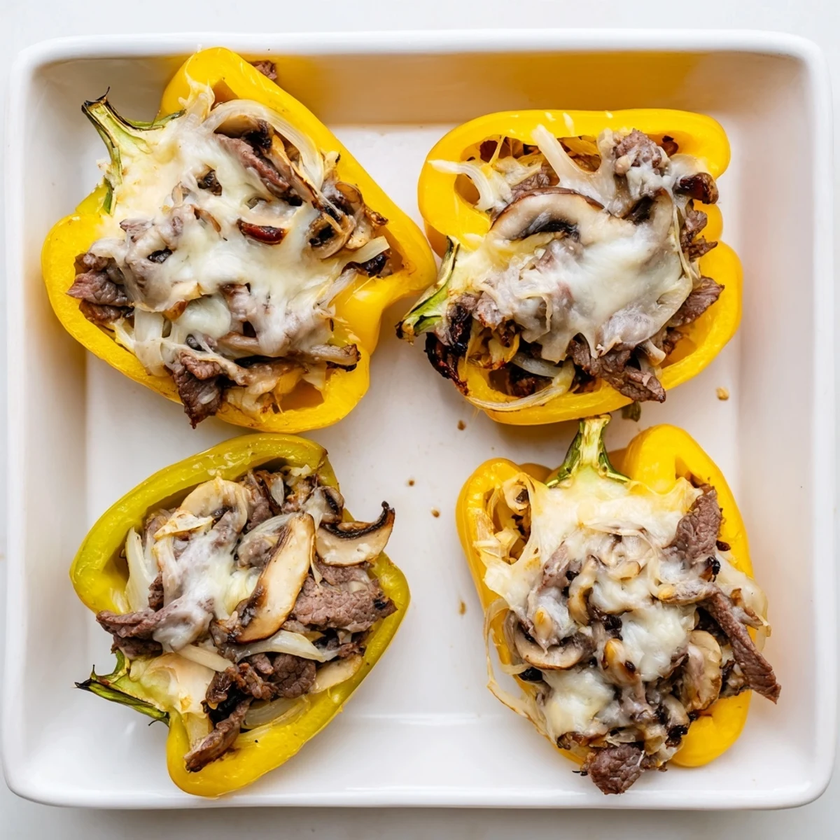 Savory beef Philly cheesesteak stuffed peppers, filled with melted provolone and golden sautéed onions.  