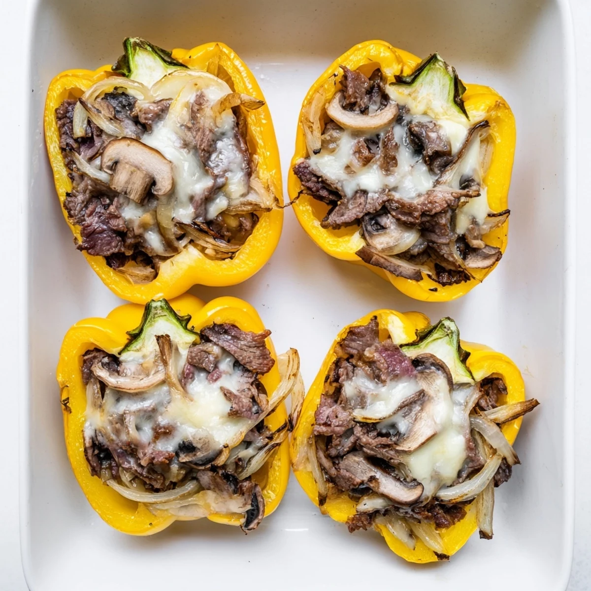 Philly cheesesteak stuffed peppers, brimming with tender beef, onions, and gooey provolone cheese.  