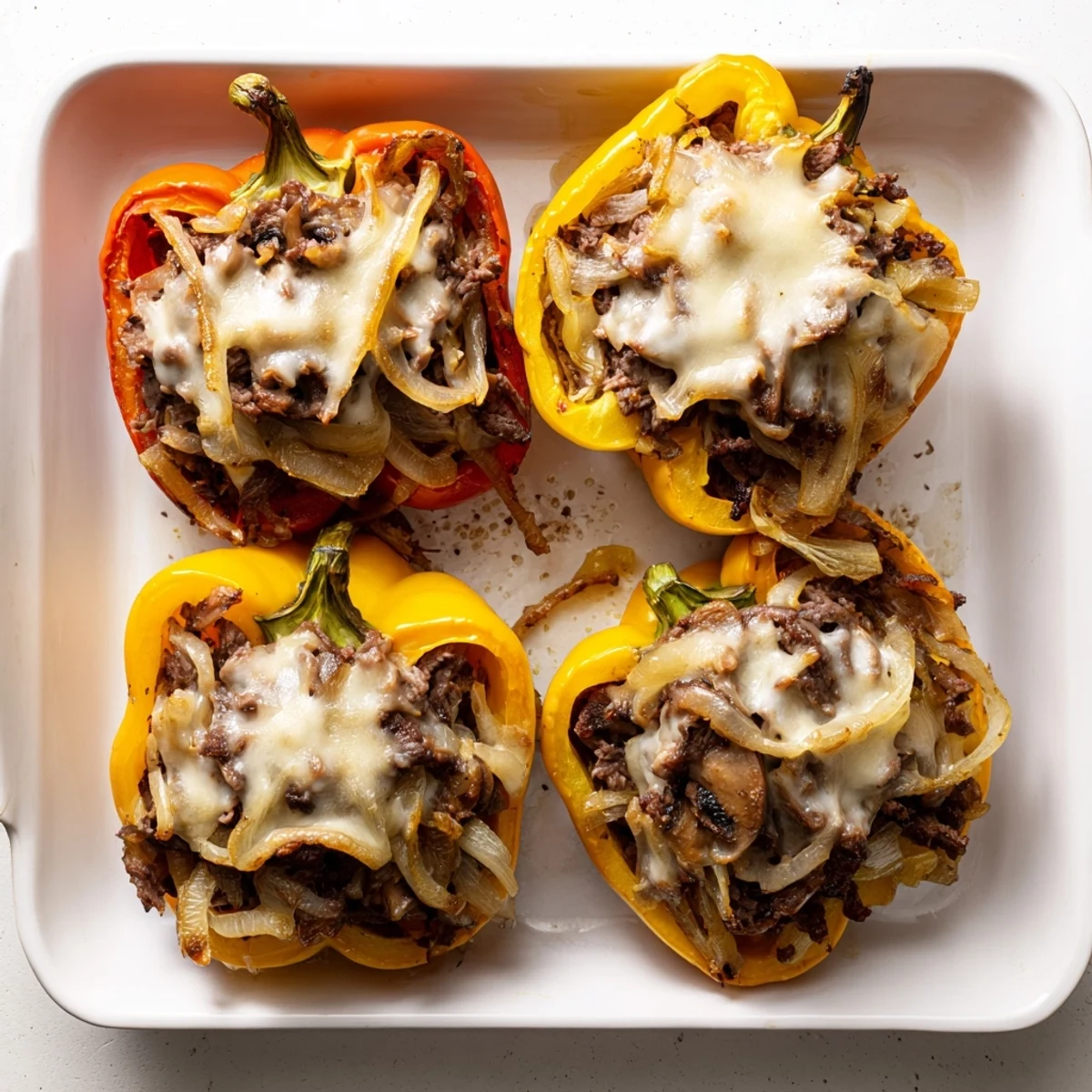 Golden baked Philly cheesesteak stuffed peppers, serving a low-carb, gluten-free dinner for four.