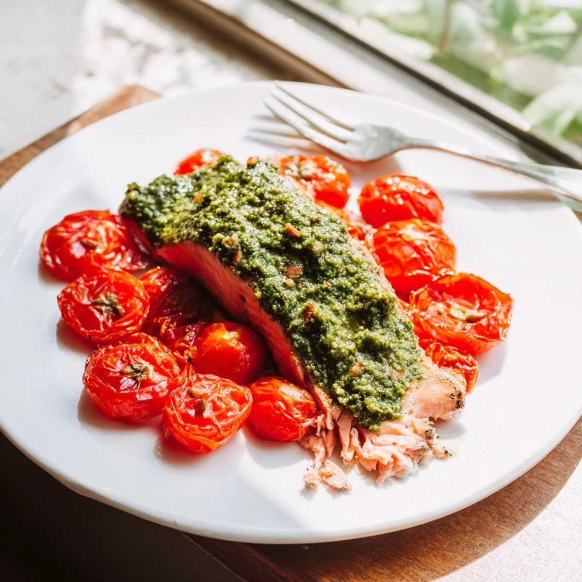 Tender baked salmon fillets glistening with green pesto and blistered red cherry tomatoes on a baking sheet.