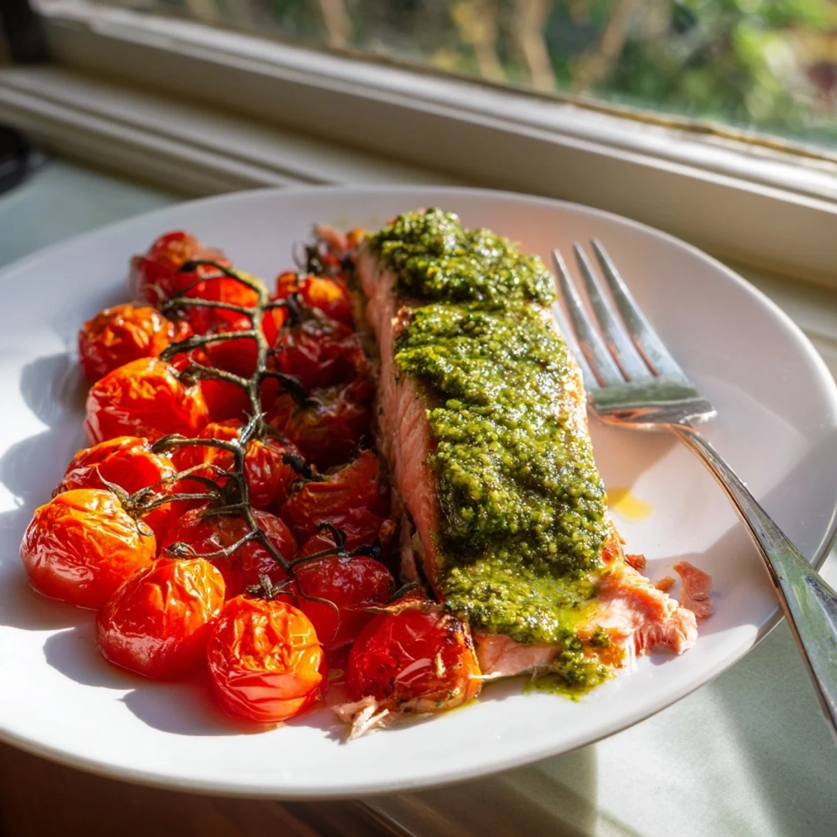 An overhead view of Baked Salmon with Pesto and Cherry Tomatoes alongside fluffy quinoa on a rustic table.