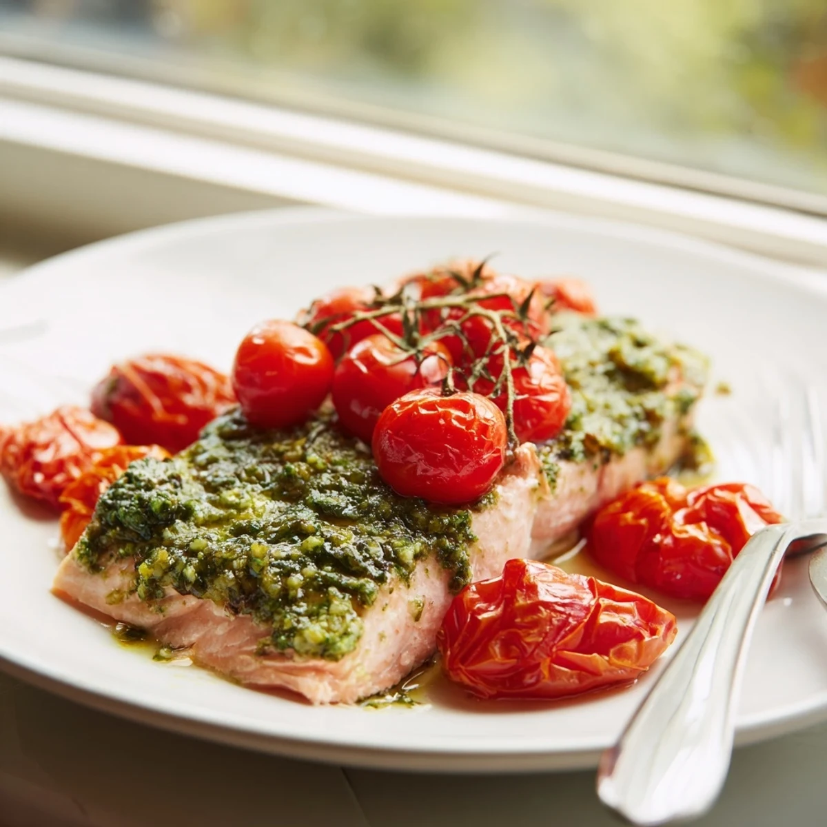 Lemon wedges and fresh herbs garnish this Baked Salmon with Pesto and Cherry Tomatoes, served for dinner.