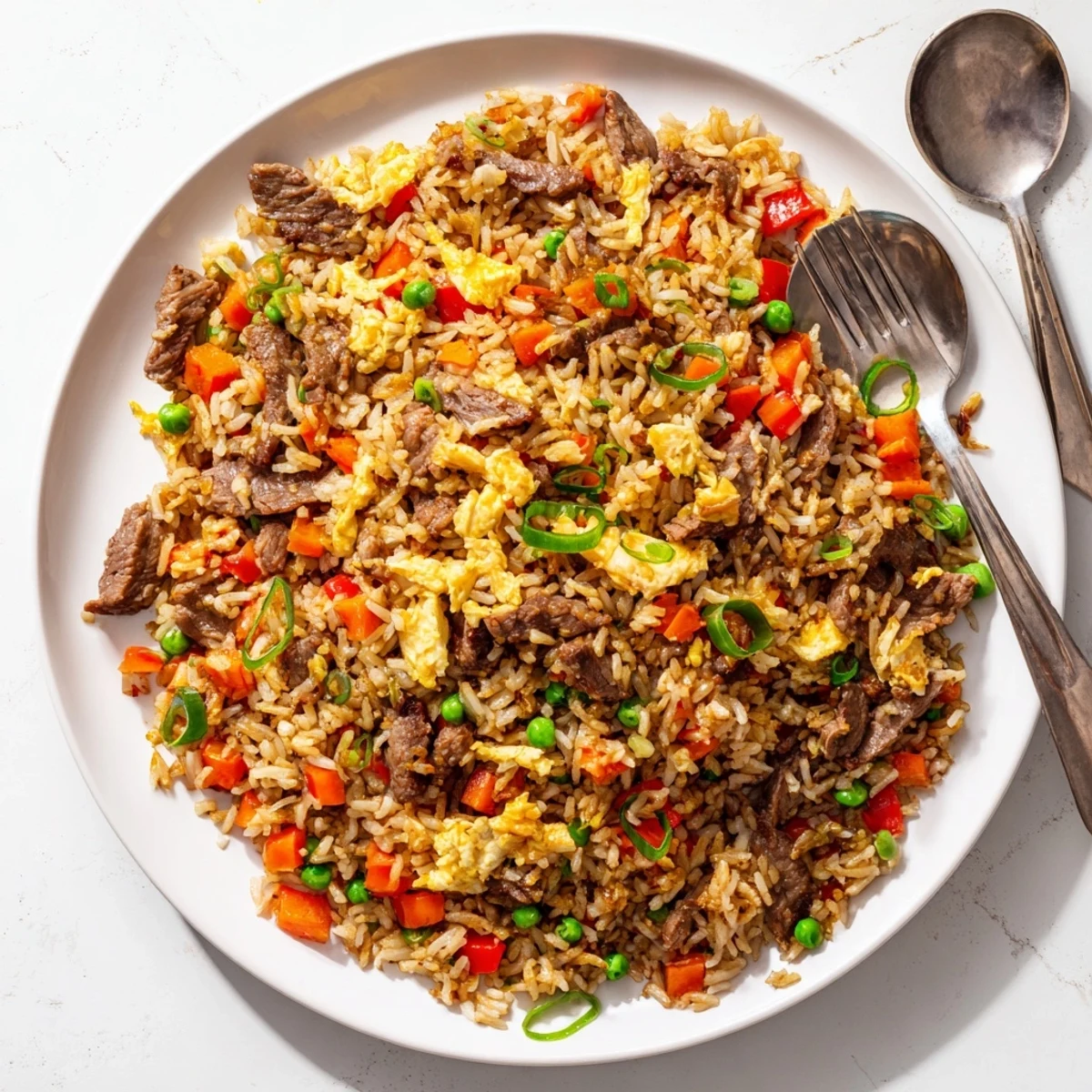 Golden-brown Beef Fried Rice with Vegetables sizzles in a wok, featuring colorful diced carrots, red bell peppers, and peas mixed with tender beef slices.  