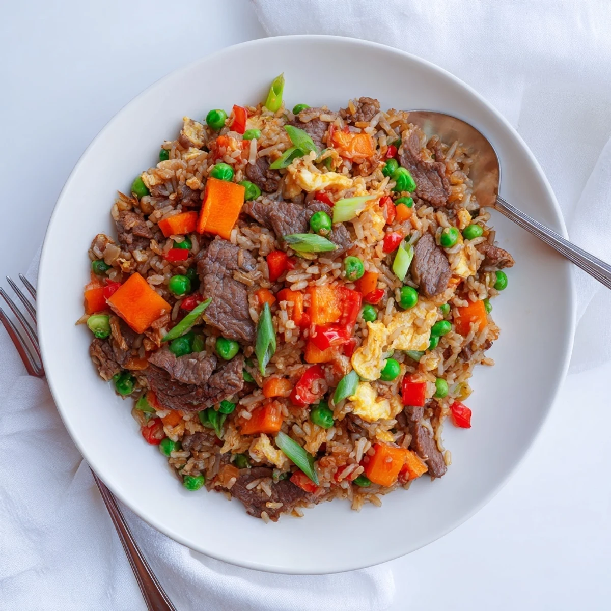 A close-up of a serving bowl filled with Beef Fried Rice with Vegetables, garnished with fresh green onions and a drizzle of sesame oil.  